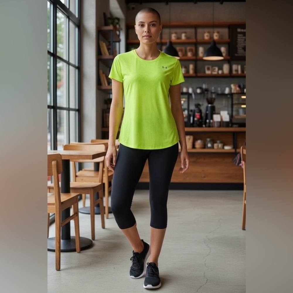 Under Armour, HeatGear Neon Yellow Running Gym Athletic Shirt Women, Large